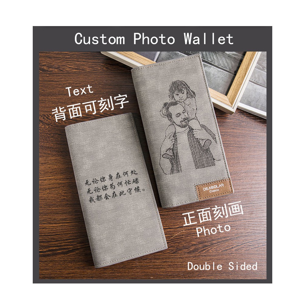 Father Day Gift DIY Men Long Bifold Wallet Personalized Customized Photo Wallet High Quality PU Leather Laser Engraving Picture Men Husband Wallet Multifunctional Card Pack Couple