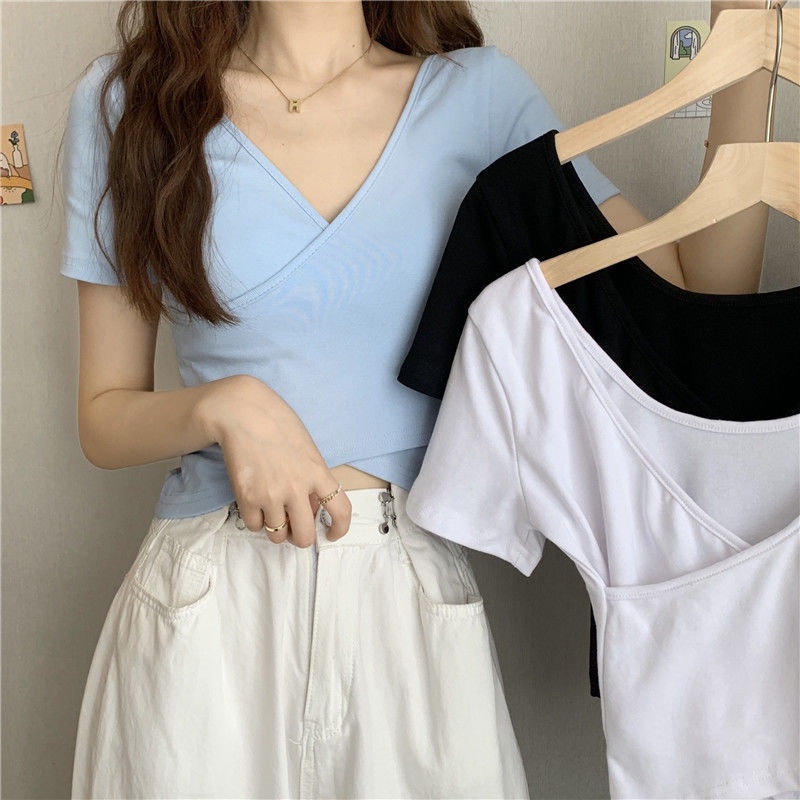 Short Sleeve T-shirts Women Summer Crop Top Sexy Loose Korean Chic Casual Fashion Teens Stylish All-match Ins