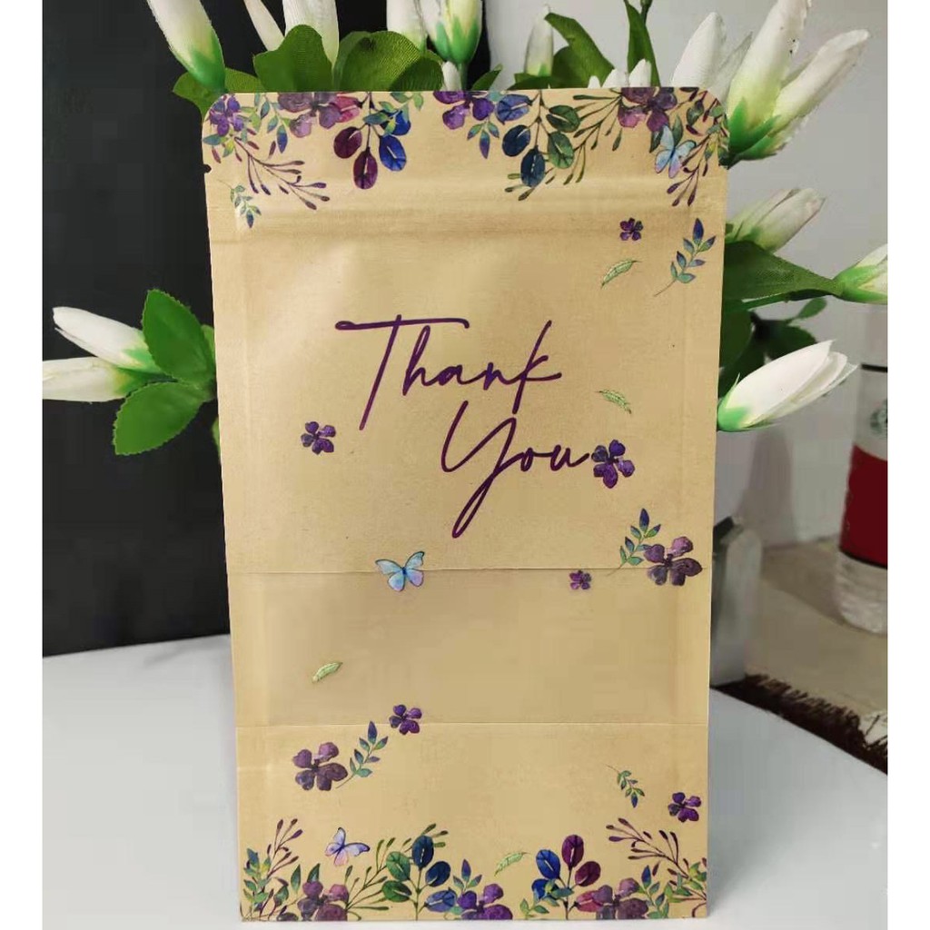 50pcs Thank You Zip Pouch Bag 12x20cm, Floral Zipper Lock Paper Bag 