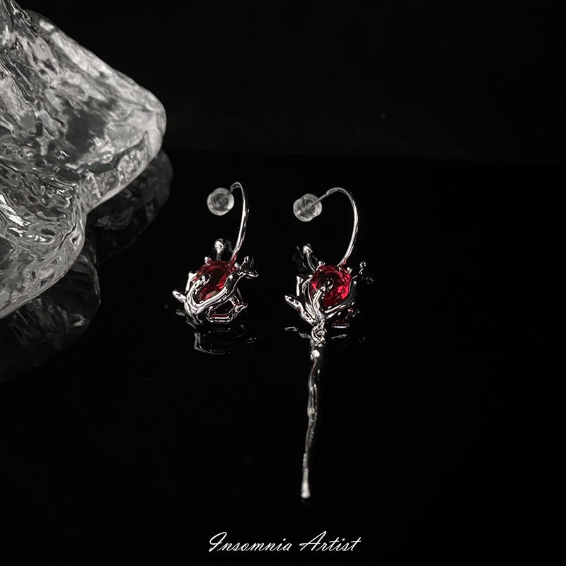 Insomnia Artist Asymmetric Earrings Female Niche Dark 925 Silver Needle Rose Red Liquid Zircon Earrings