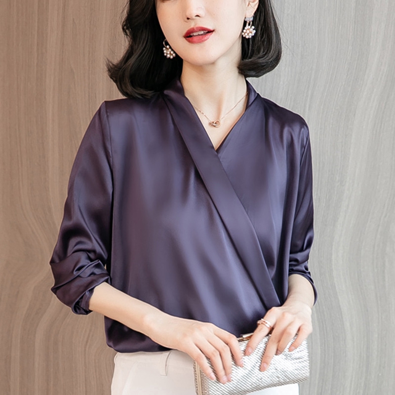 Women Solid V Neck Satin Blouse Casual Office Lady Long Sleeve T-Shirt Tops