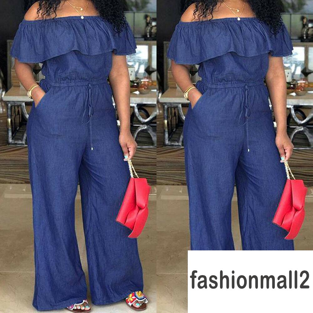 off shoulder jean jumpsuit