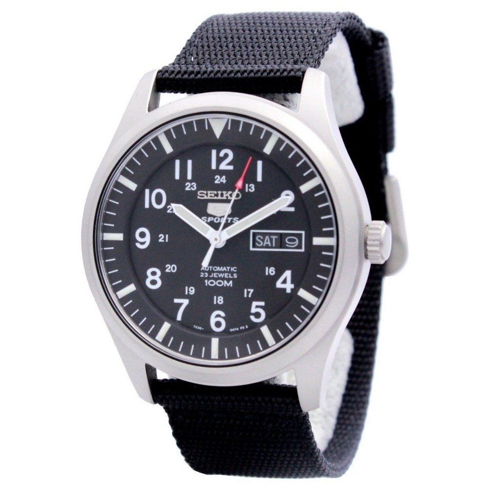 seiko 5 sports automatic made in japan black dial nylon strap watch snzg15j1 men's