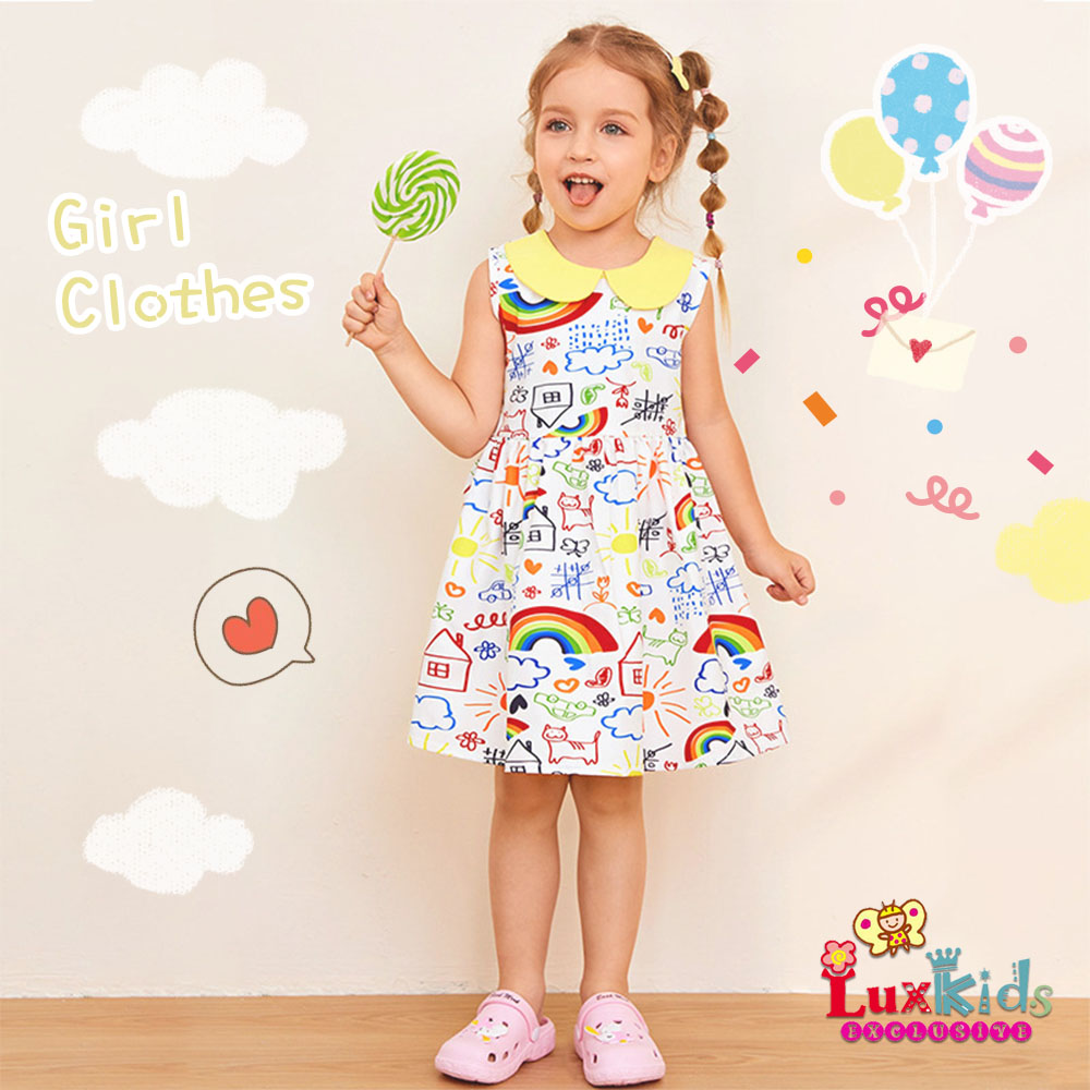 Summer Girl Dress Kids Rainbow Cartoon Print Sleeveless Dress Children's  Lovely Pattern Clothes | Shopee Malaysia