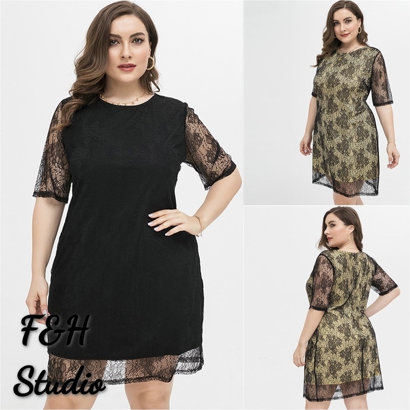 2 Colors Xl 4xl Women Big Size Dress Elegant Round Neck Short Sleeves Lace Plus Size Party Midi 