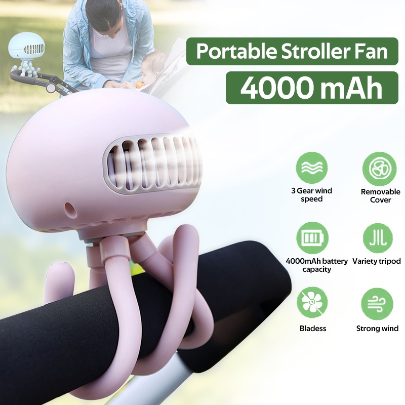 4000mAh 10 hours Portable USB Mini Baby Stroller Fan Rechargeable Strong Wind Cooler Adjustable Octopus Shape