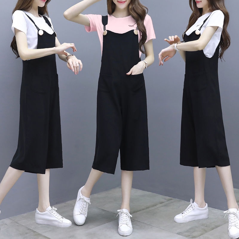 Korean Ladies Jumpsuit Set Suspenders Pants Plus Size Women Fashion Long Wide Leg Overalls Casual Jumpsuit Paysuits + Short Sleeve Top