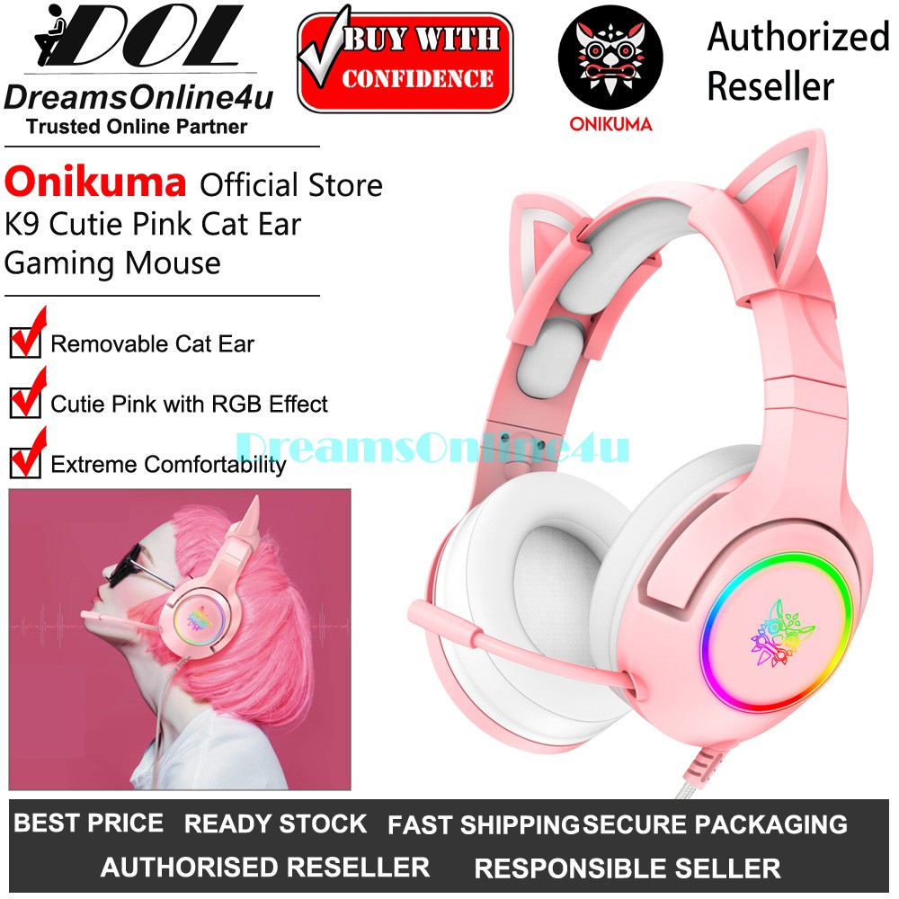 ONIKUMA K9 Pink Cat Ear RGB Cutie Full Oval Ear Cover Cushions Heavy Bass Stereo Ultimate Gaming Headphones Microphone