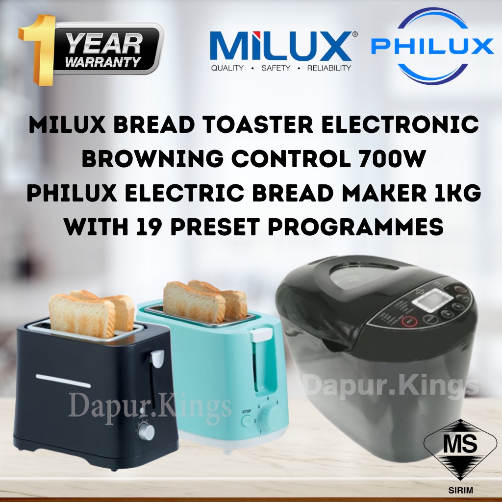 MILUX Bread Toaster Electronic Browning Control 700W [ Black MBT-600 / Green MBT-650 ] PHILUX Electric Bread Maker 1 KG