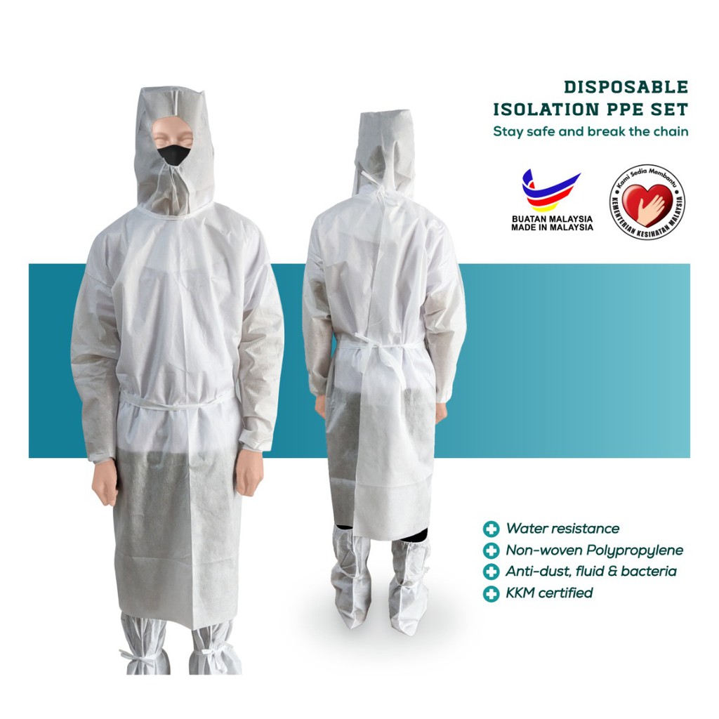 Readystock Ppe Set Sut Baju Ppe Disposable Isolation Gown Head