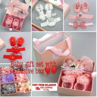 Set Baby Newborn Gift Stokin Kasut Baby Gift 3 in 1 (Headband+ Stokin) dengan Kotak Ekslusif