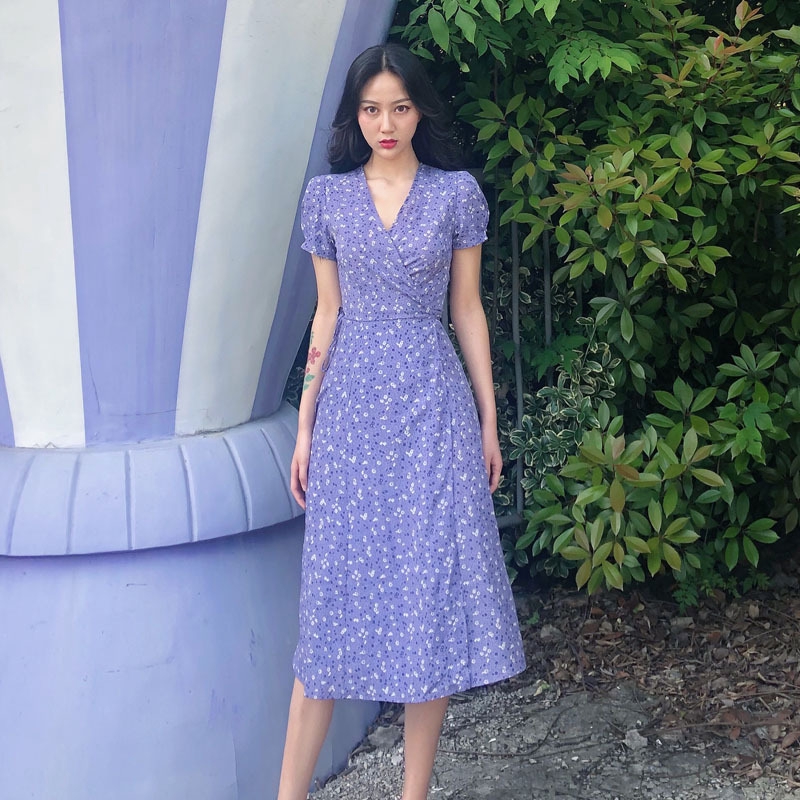 French Style Women Maxi Dresses Short Sleeve V Neck High Waist Purple Floral One Piece Dress Shopee Malaysia