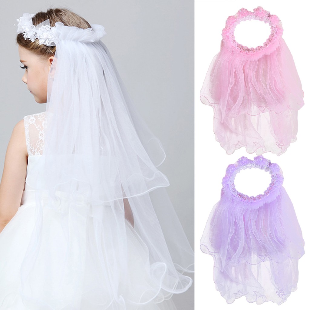 Girls Floral Headpiece Veil Flower Crown Headband Lace Veil Hair