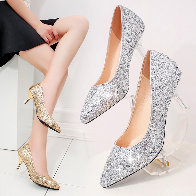 silver glitter pumps ladies