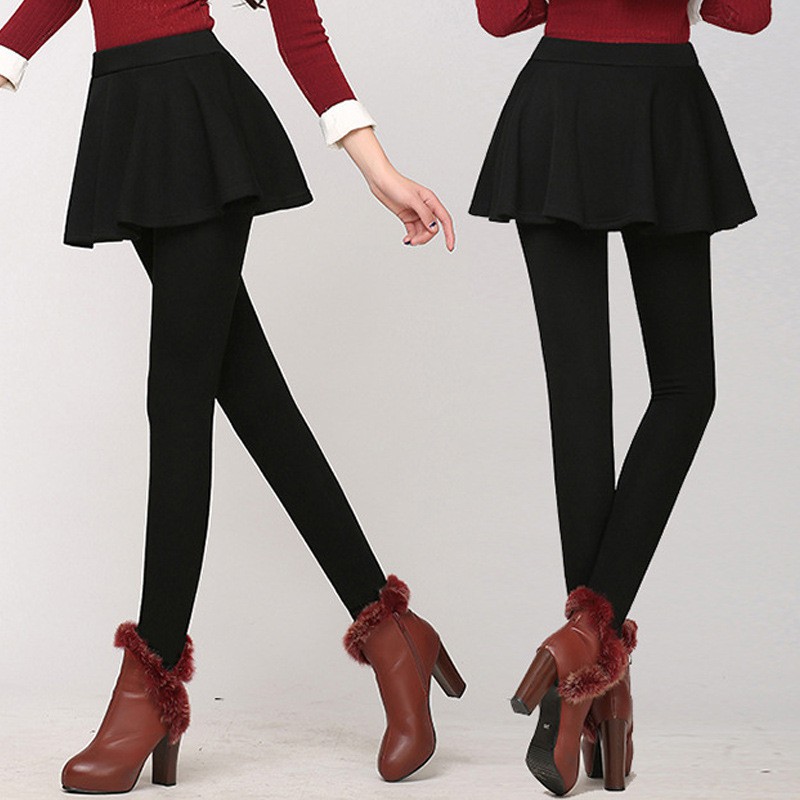 Women Autumn Winter Thick Warm Pleated Skirt Leggings Stretch Elastic ...