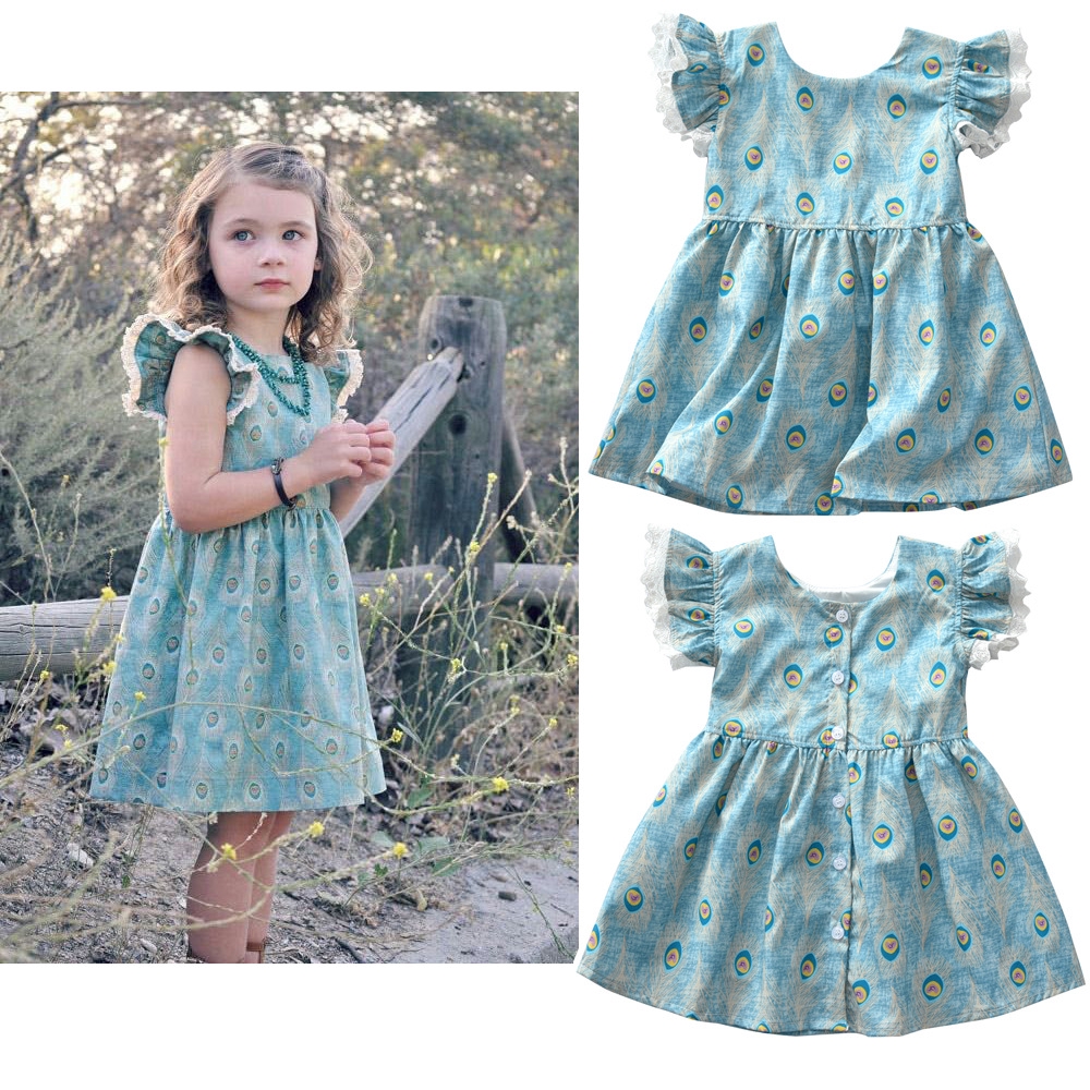 Summer Sweet Fly Sleeve Peacock Feathers Baby Girl Dress Wedding