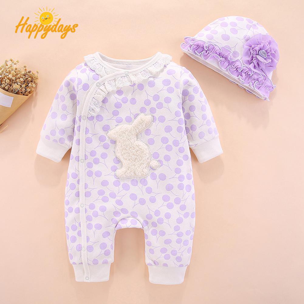 2pcs Autumn Baby Girls Clothes Set Long Sleeve Wave Point Lace Romper+Hat Suit
