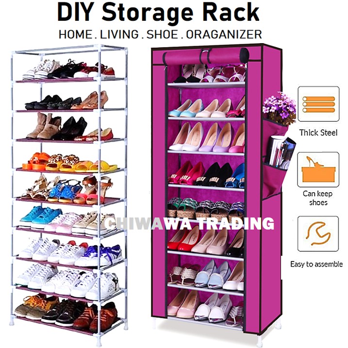 10 Tiers Dust Cover Shoes Storage Rack Wardrobe Shoe Closet Cube Cabinet Organizer Shelf Almari Rak Kasut Shopee Malaysia