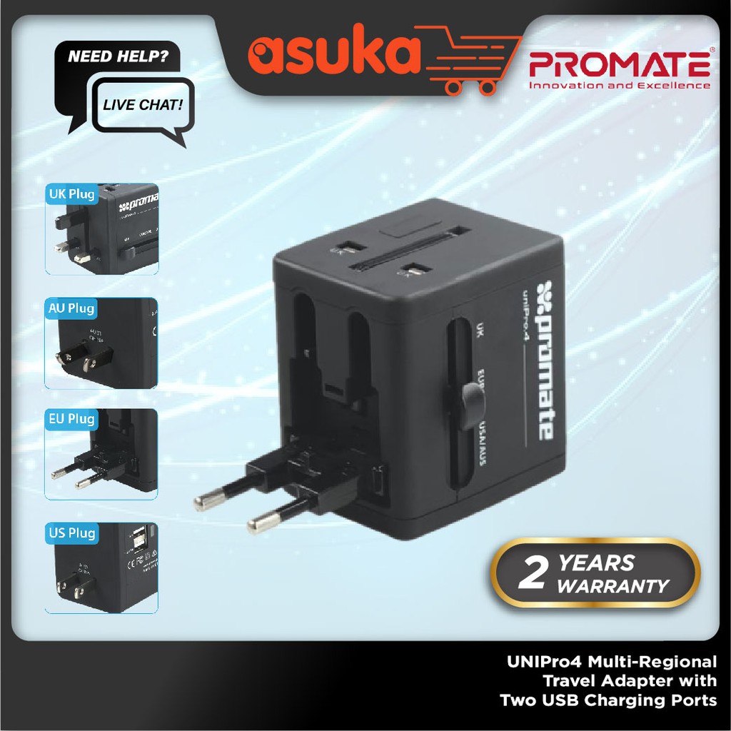 Promate UNIPro4 Multi-Regional Travel Adapter with Two USB Charging Ports