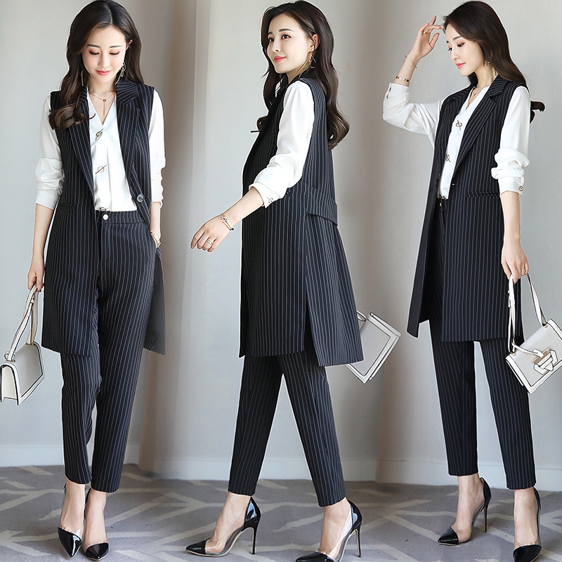 women's black and white striped pants suit