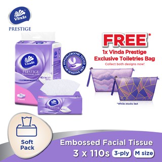Image of Vinda Prestige Softpack Facial Tissue (M) 3x110s FOC Vinda Prestige Toiletries Bag (On Pack)