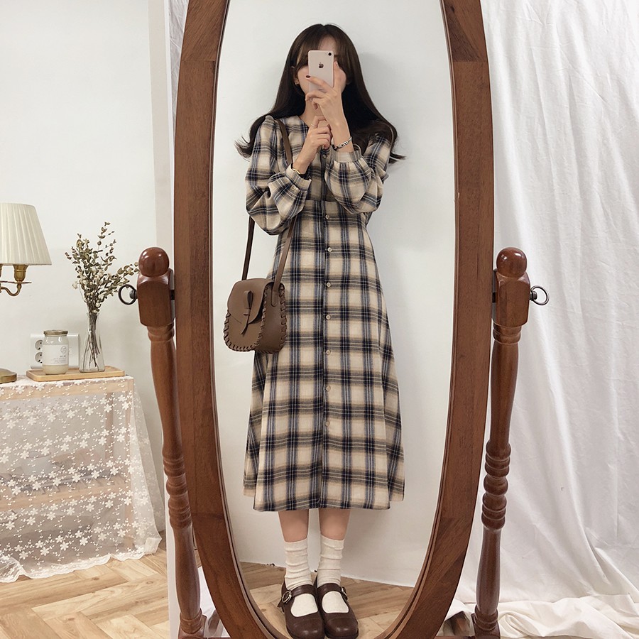 korean style women long sleeve vintage check casual maxi dress ready stock new