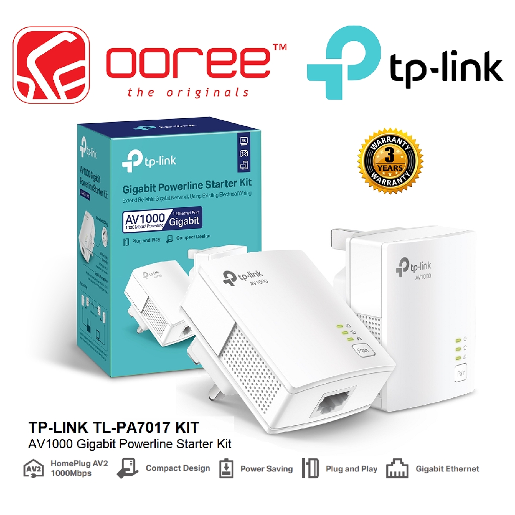 Tp Link Tl Pa7017 Kit Av1000 Gigabit Powerline Starter Kit With Gigabit Port Plug And Play Design And Power Saving Mode Shopee Malaysia