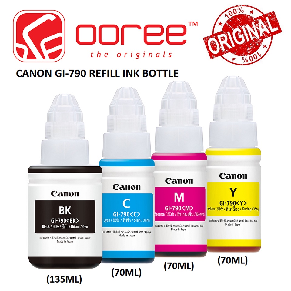 Original Canon Gi790 Gi 790 Black 135ml Cyan Magenta Yellow Refill Ink Bottle Shopee 