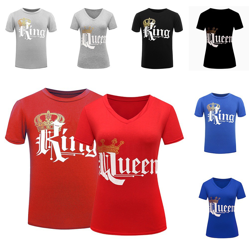 Summer Women Men King Queen Letter Printed Couple Lovers Short Tee