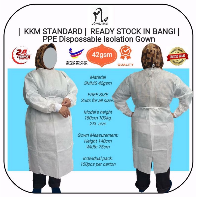 [24HR] 5pcs PPE Suit - Isolation Gown Comfort-SMMS 42GSM (Gown Only!) for Hospital, Clinic, Home & Funeral use