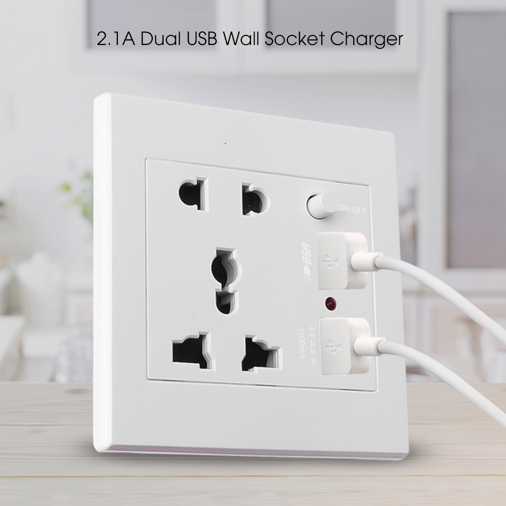 2.1A Dual USB Wall Socket Charger Power Adapter AC/DC Plug Outlet Panel w/Switch 