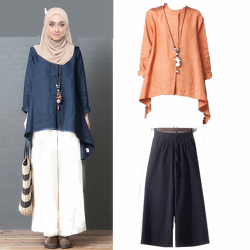 Women Cotton Linen Muslimah Suit Tops Palazzo Pants Plus Size Seluar Muslim Long Loose Pants Slack Baju Set Warda Shopee Malaysia