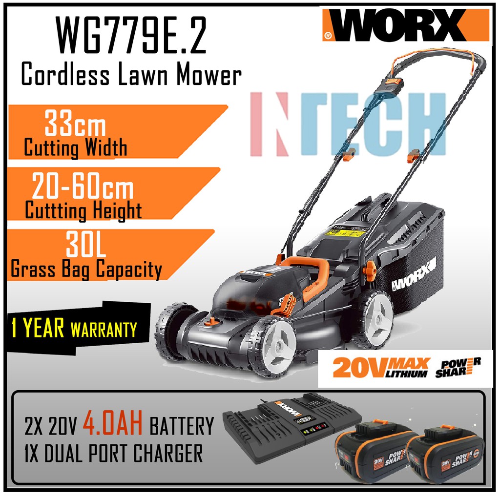 WORX WG779E.2 / WG779E CORDLESS LAWN MOWER C/W 2x 20V 4.0AH BATTERY AND ...