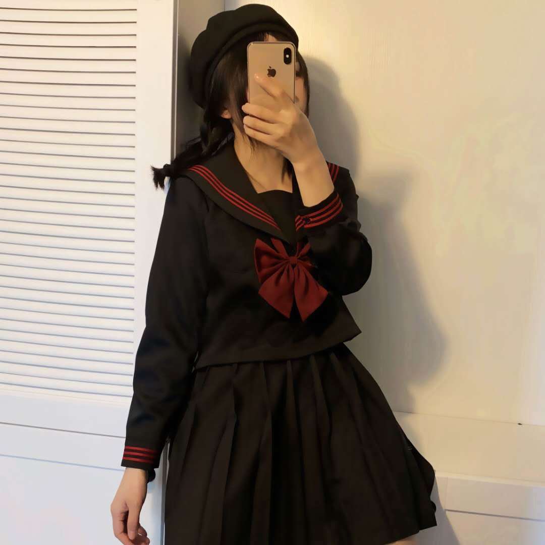 Ready Stock Jk制服正统基础款赤三本中间服黑色不良少女水手服日系学生百褶裙jk Uniform