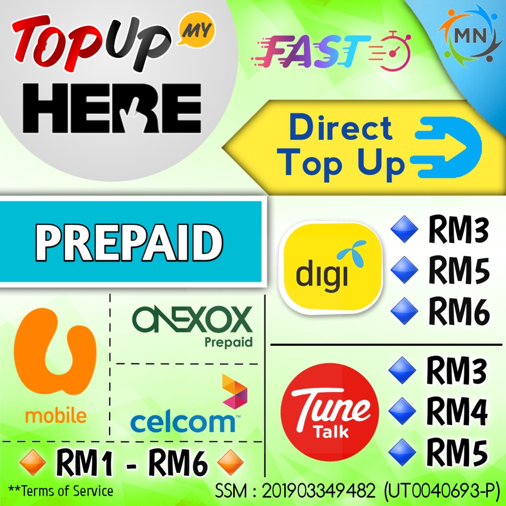 Topup OneXOX Umobile Celcom Digi Tune Talk Tone Wow Prepaid RM1 RM2 RM3 ...