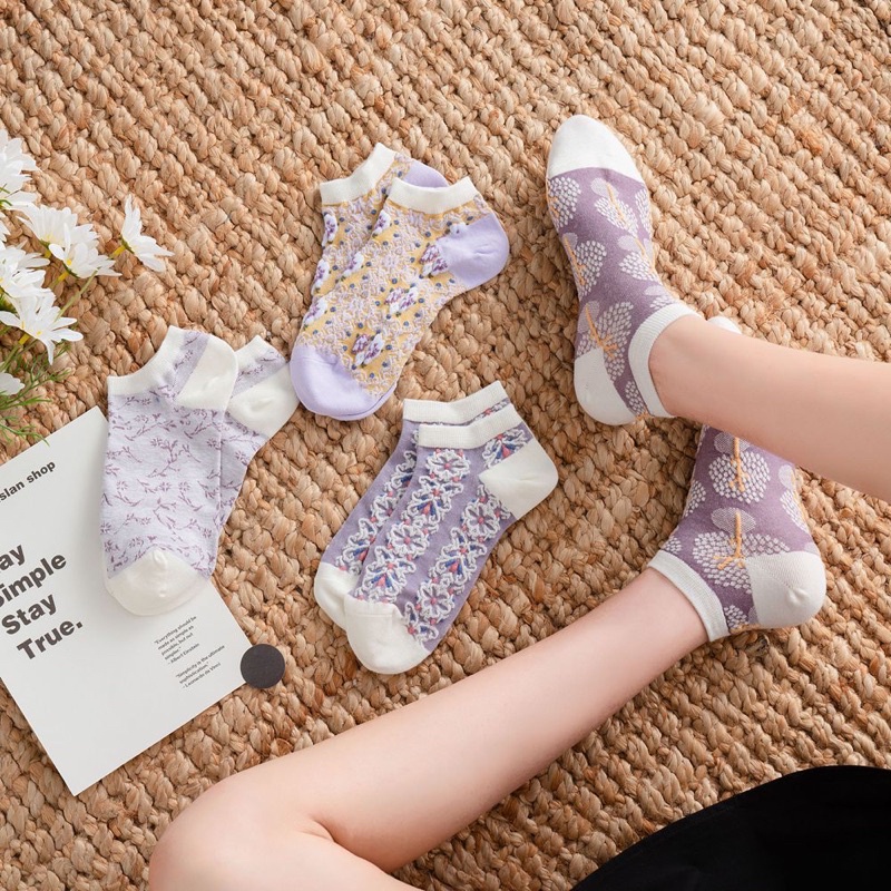 2021 Vintage Blend Ankle Girl Socks Purple Lace Boat Socks Shopee