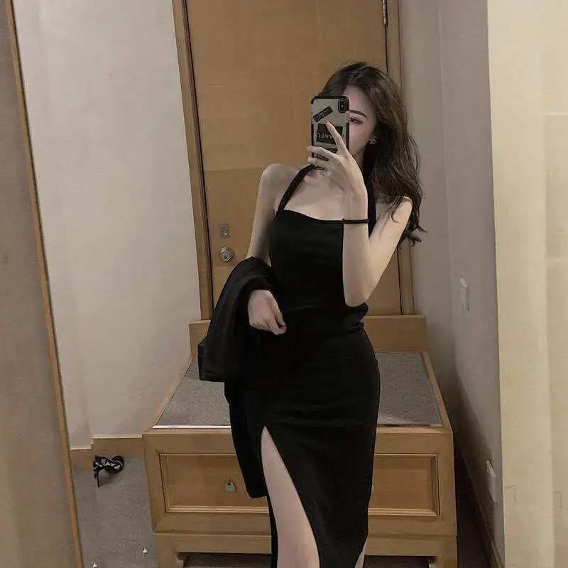 Retro temperament hanging long black dress / Korean elegant party