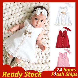 Baju Baby Clothing 0-2 Years Gaun Baby Sleeveless Cute Baby Dress and Bow-knot Headband 2Pcs Baju Bayi Perempuan Fashion Lace Baptism Dress