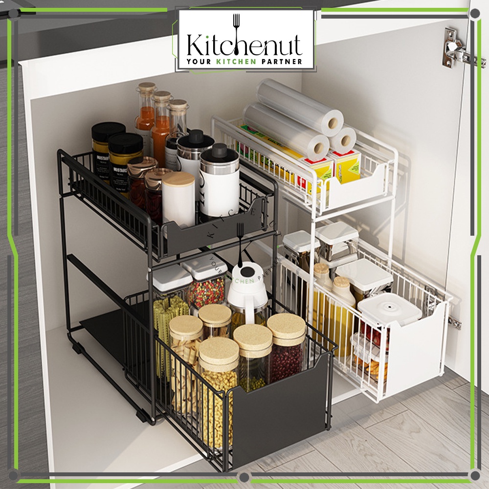 Kitchenut 2 Tier Space Saving Kitchen Top Storage Rack With Pull Out