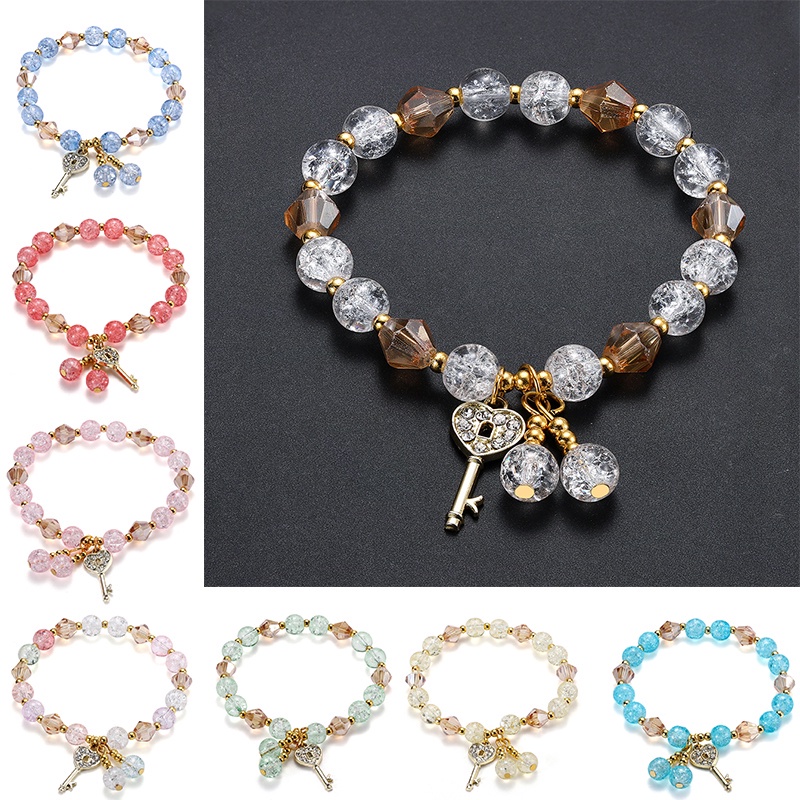 Ladies Bead Crystal Bracelet With Diamond Love Key Pendant Bracelet Ladies Bracelet