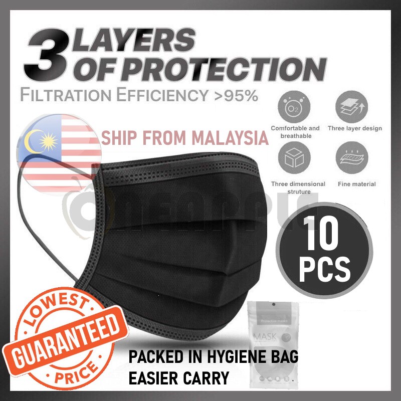[Malaysia Ready Stock] 10PCS/HYGIENE PACK Black Mask 3ply Disposable