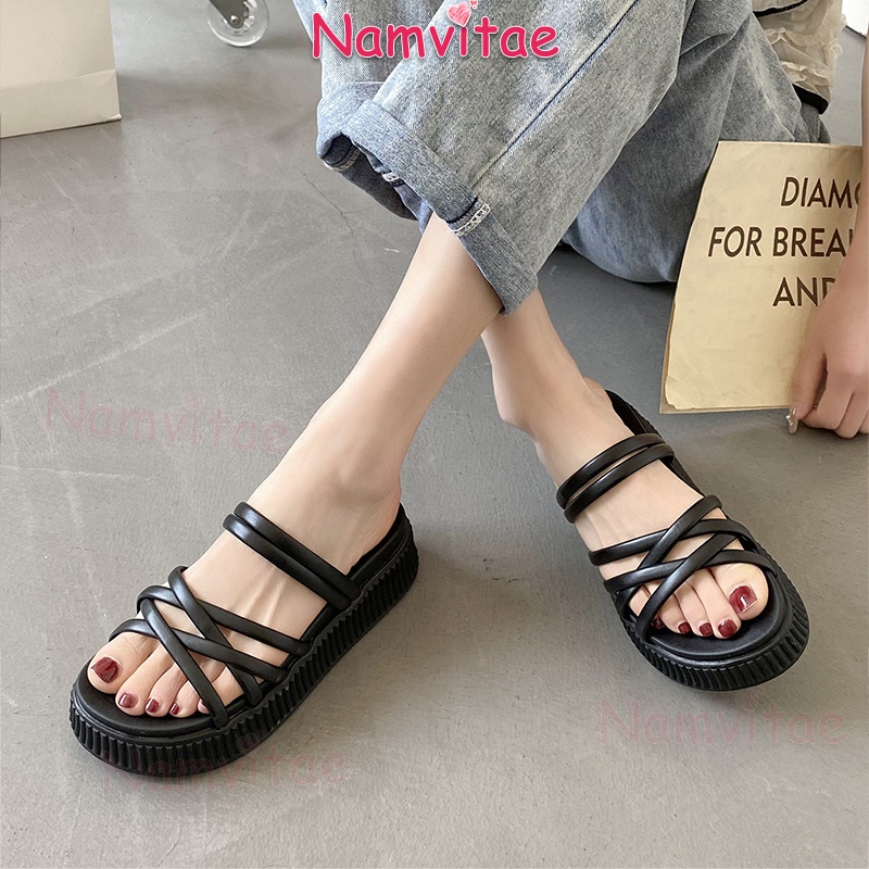 Namvitae Women Summer Flat Sandals Simple Casual Slip-on Open-toe Two-wear Beach Outdoor Ladies Sandals