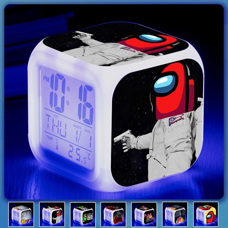 OonlyoO Luminous LED Alarm Clock Cartoon Among us Game Figure Flash Desk Light Clock Color Changing Square Clock 