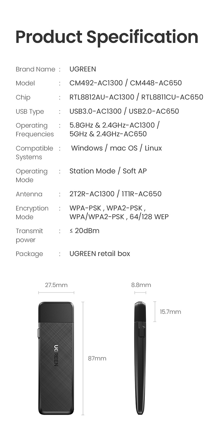 UGREEN USB WiFi Adapter, WiFi Adapter with AC1300 5dBi High Gain