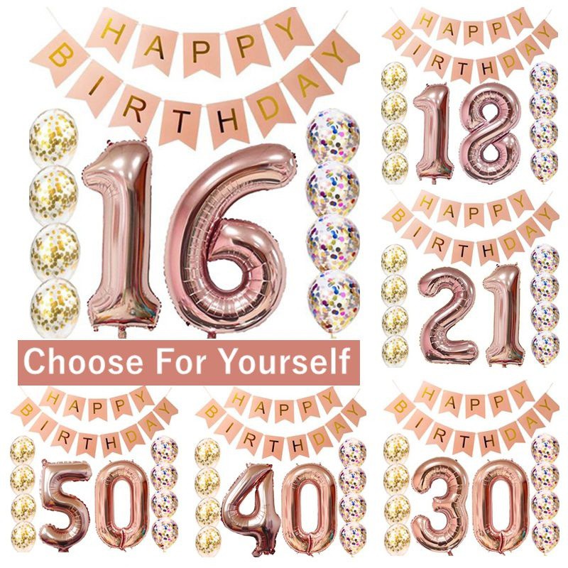 Birthday Decorations Rose Gold Number Balloons Happy Birthday