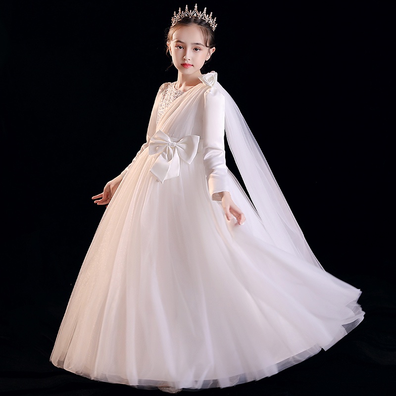 Summer White Pink Long Bridesmaid Dress Bow Gown Kids Clothes For Girls Children Princess Party Wedding Dress 10 12 Years
