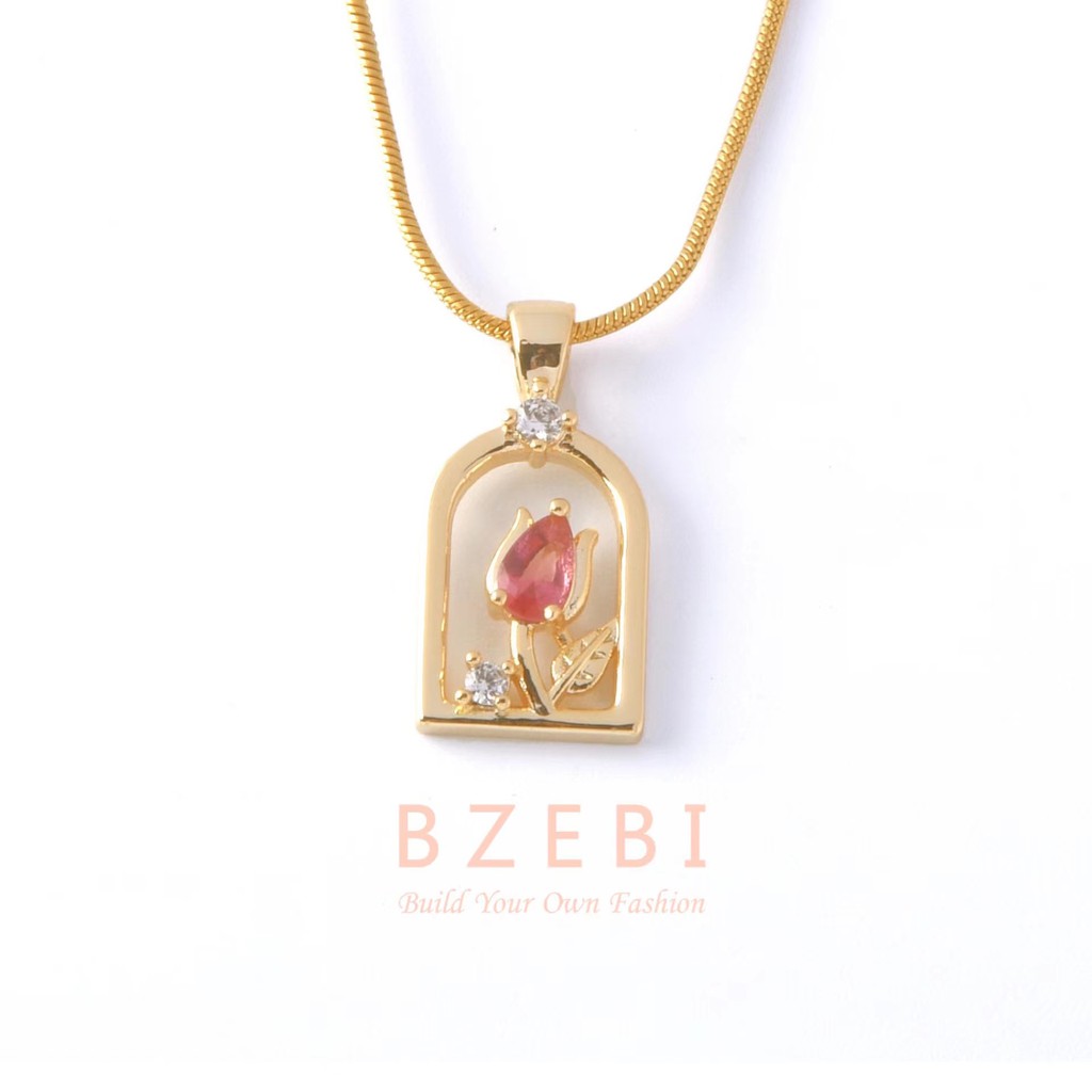 BZEBI 18k Gold Plated Titanium Steel Beauty and the Beast Pendant Necklace Rose Zircon Korean Trend Hypoallergenic Women Gift Jewellery Adjustable 152n