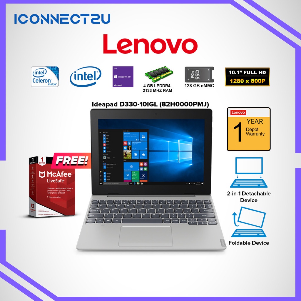 Lenovo 101 Laptop Ideapad D330 10igl Intel Celeron N4020 Intel Graphics W10p 4gb Ram 128gb 3454