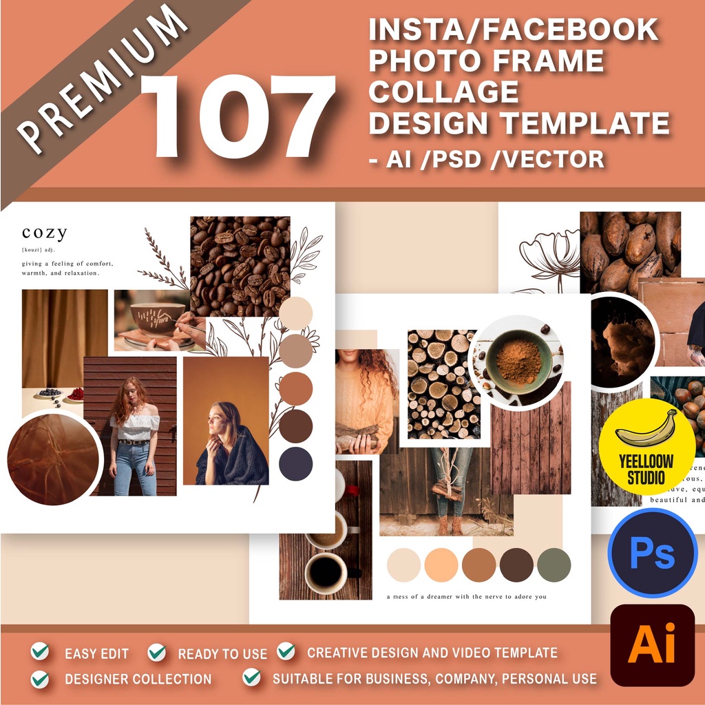 107 Insta/Facebook/Social Media Photo Frame Collage Design Template - AI/PSD/Adobe