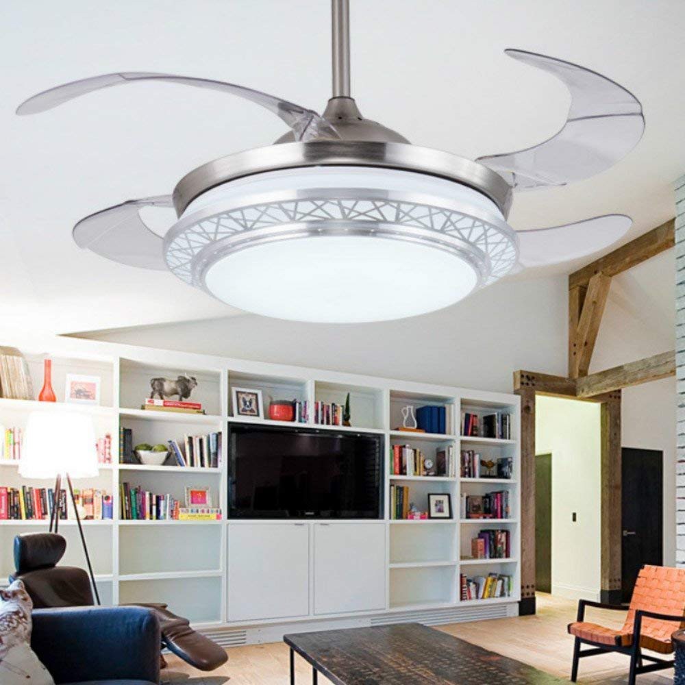 42 Invisible Modern Ceiling Fan With Led Lights Remote 4 Retractable Abs Blades Fan Chandelier For Livingroom Indoor